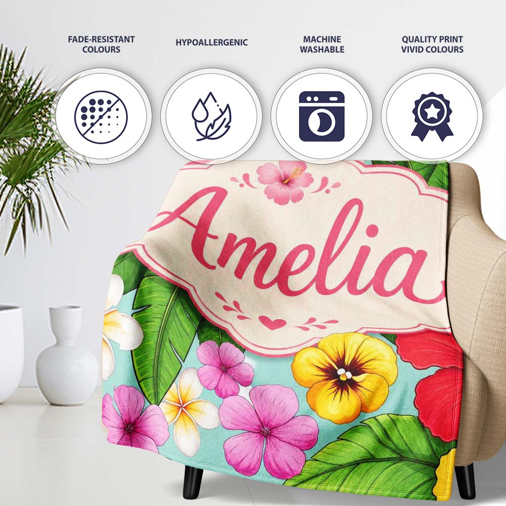Tropical Hibiscus Flowers Mint Background Plumeria Leaves Seamless Personalised Custom Name Super Soft Fleece Blanket Bed Sofa Throw