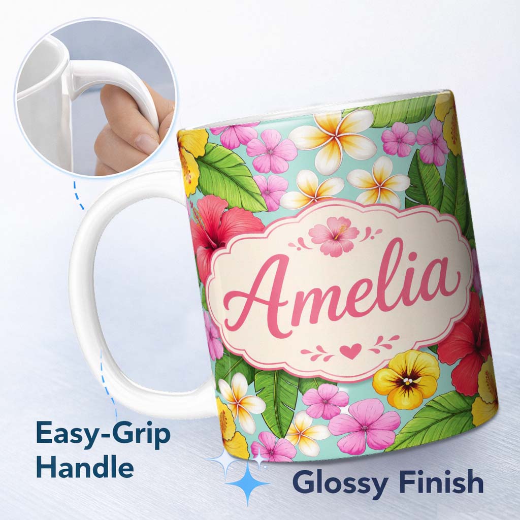 Personalized Custom Name Tropical Hibiscus Flowers Mint Background Plumeria Leaves Seamless 11oz Ceramic Coffee Tea Mug White Large Handle