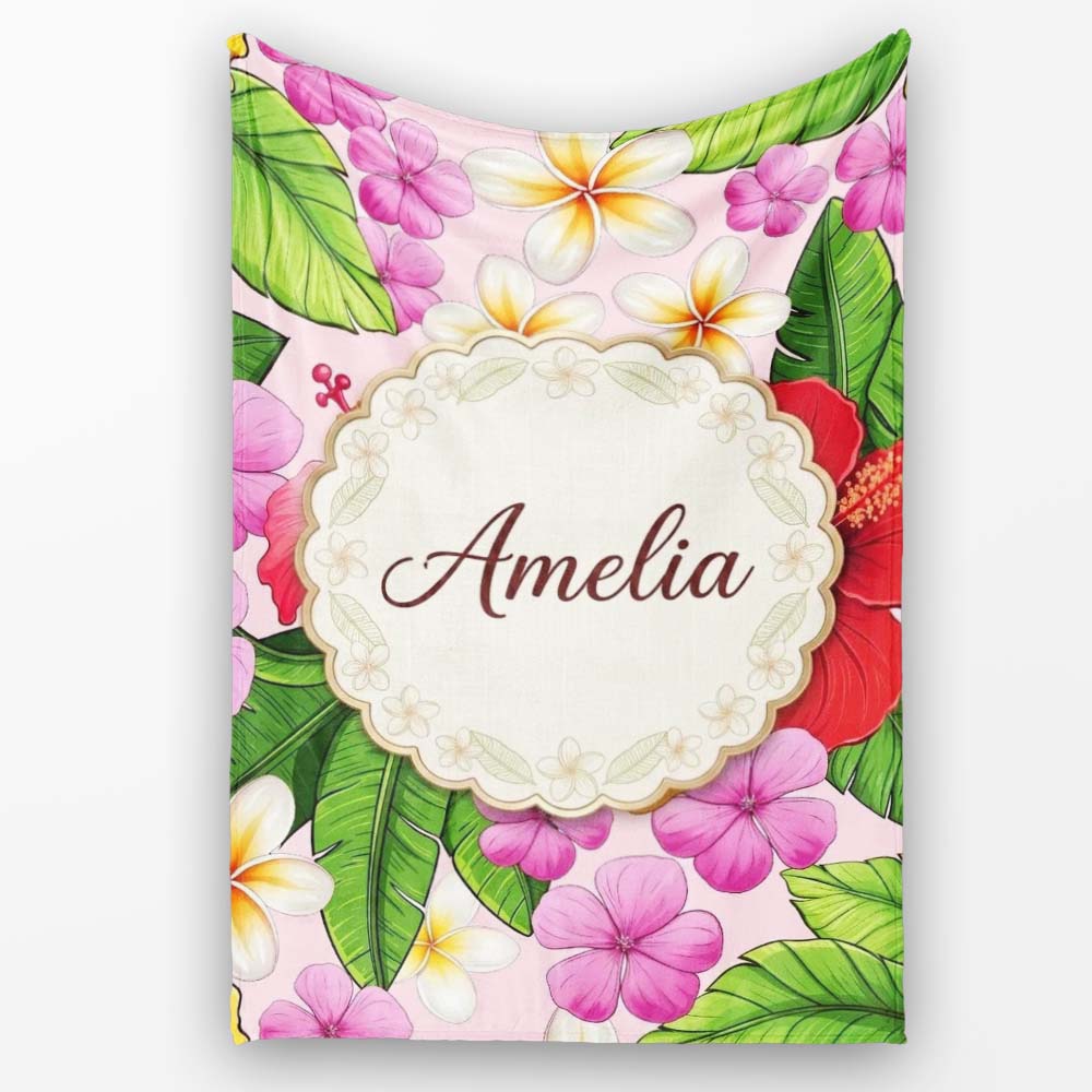 Tropical Hibiscus Flowers Soft Pink Background Plumeria Leaves Personalised Custom Name Super Soft Fleece Blanket Bed Sofa Throw