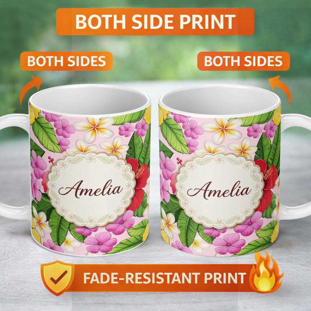 Personalized Custom Name Tropical Hibiscus Flowers Soft Pink Background Plumeria Leaves 11oz Ceramic Coffee Tea Mug White Large Handle