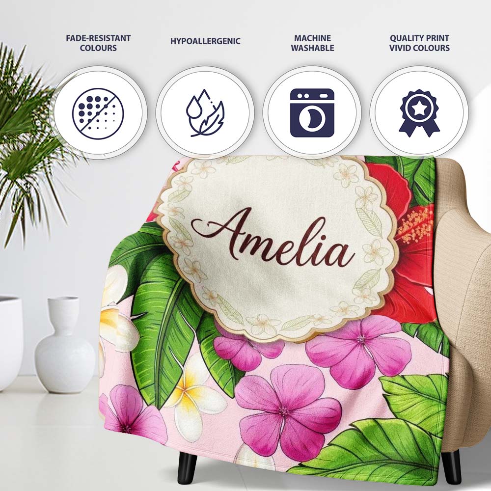 Tropical Hibiscus Flowers Soft Pink Background Plumeria Leaves Personalised Custom Name Super Soft Fleece Blanket Bed Sofa Throw