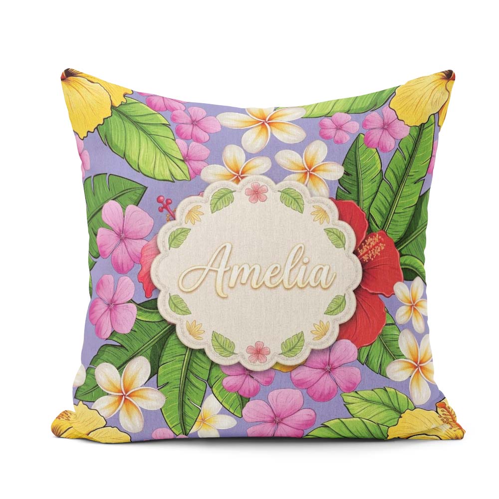Custom Name Tropical Hibiscus Flowers Purple Background Plumeria Square Filled Cushion Throw Pillow Sofa Bed Home Decor Zip Washable UK Made