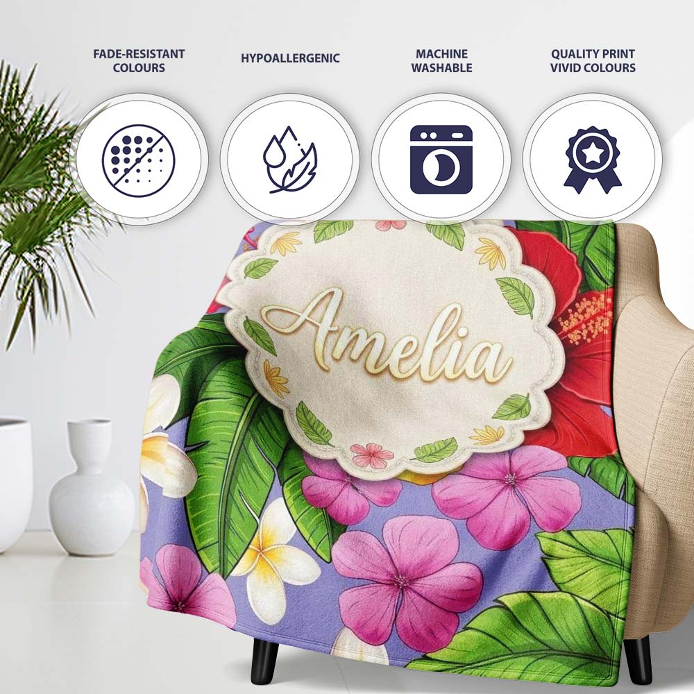 Tropical Hibiscus Flowers Purple Background Plumeria Leaves Personalised Custom Name Super Soft Fleece Blanket Bed Sofa Throw