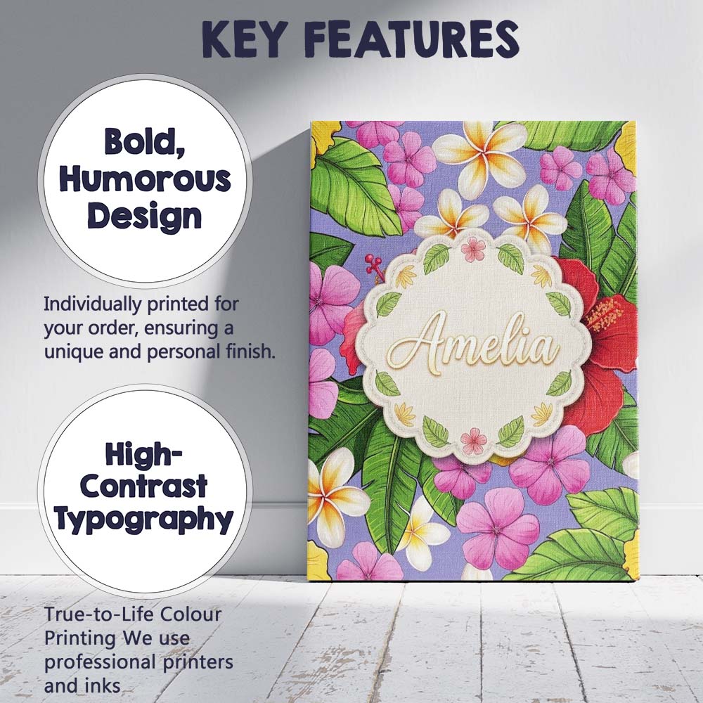 Personalised Name Tropical Hibiscus Flowers Custom Bespoke Interior Contemporary Canvas Wall Art Print Decor Picture Ready to Hang