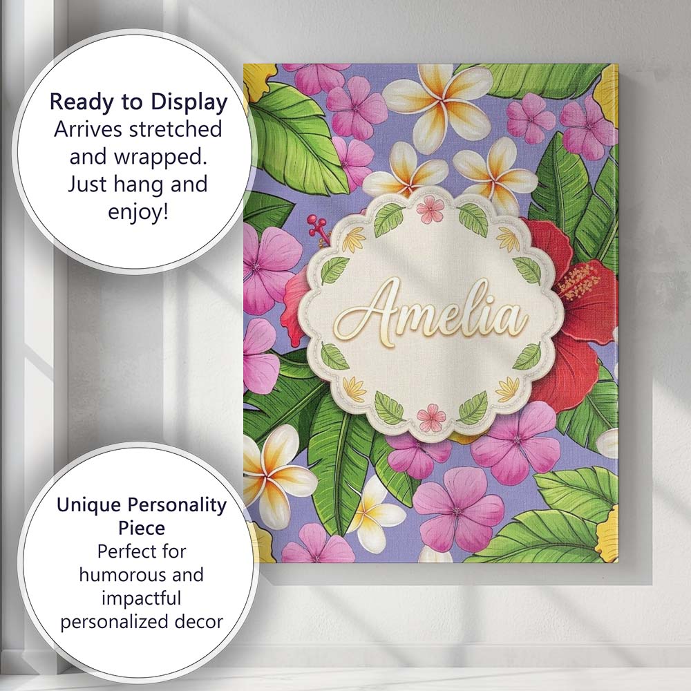 Personalised Name Tropical Hibiscus Flowers Custom Bespoke Interior Contemporary Canvas Wall Art Print Decor Picture Ready to Hang