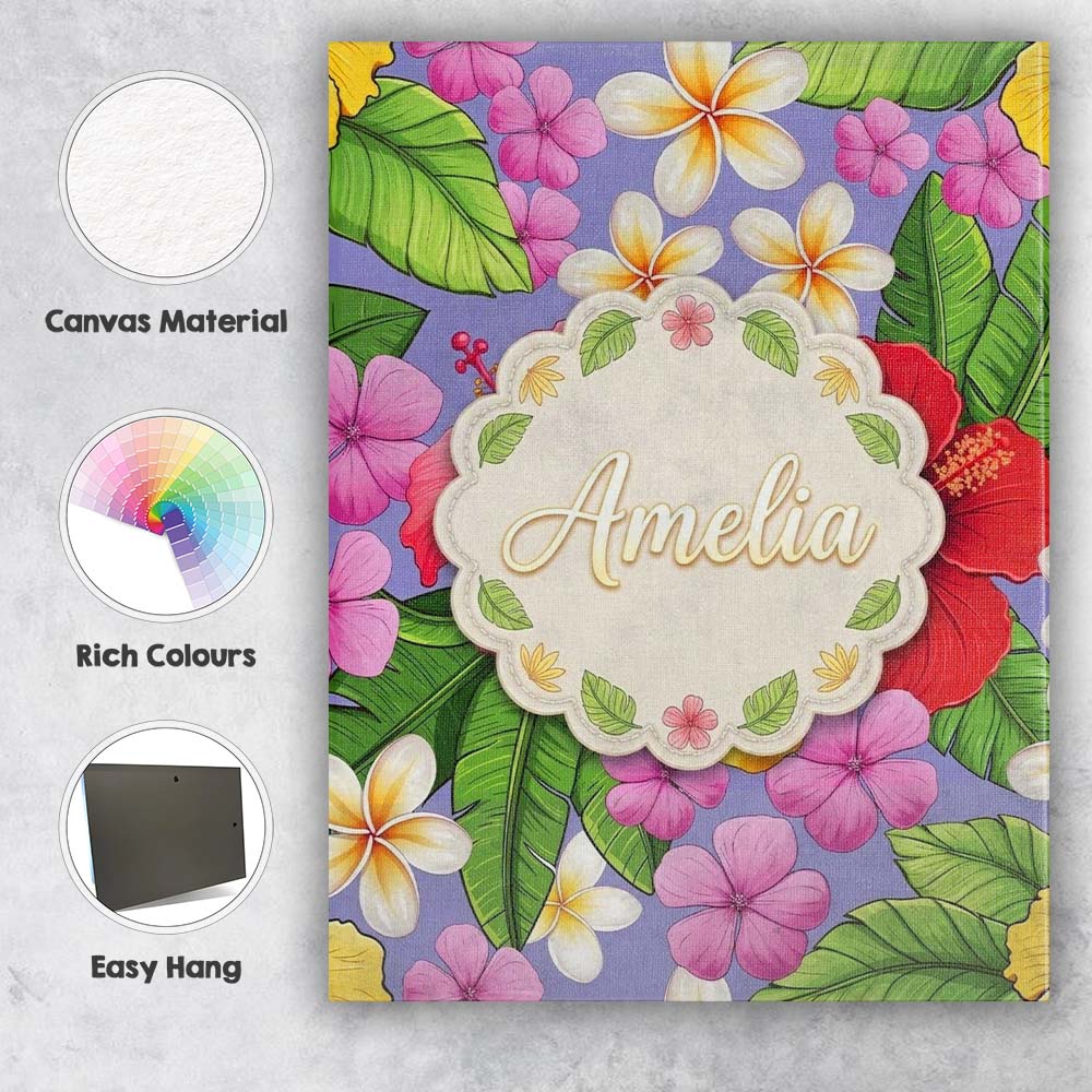 Personalised Name Tropical Hibiscus Flowers Custom Bespoke Interior Contemporary Canvas Wall Art Print Decor Picture Ready to Hang
