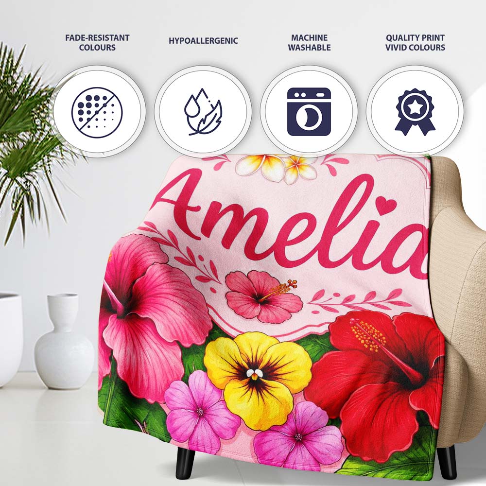 Tropical Hibiscus Flowers Pink Background Plumeria Leaves Seamless Personalised Custom Name Super Soft Fleece Blanket Bed Sofa Throw