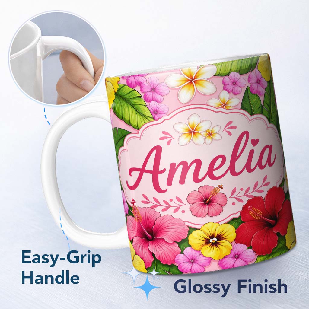 Personalized Custom Name Tropical Hibiscus Flowers Pink Background Plumeria Leaves Seamless 11oz Ceramic Coffee Tea Mug White Large Handle