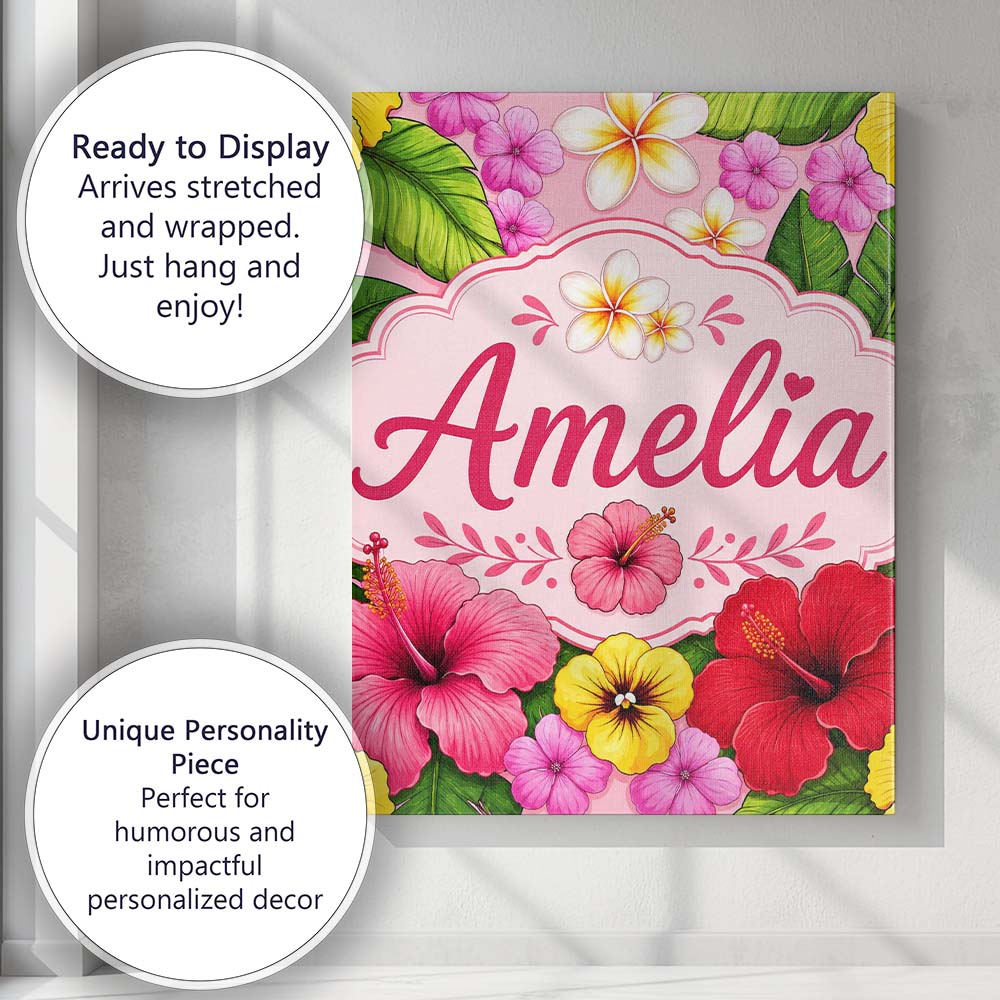 Personalised Name Tropical Hibiscus Flowers Custom Bespoke Interior Contemporary Canvas Wall Art Print Decor Picture Ready to Hang