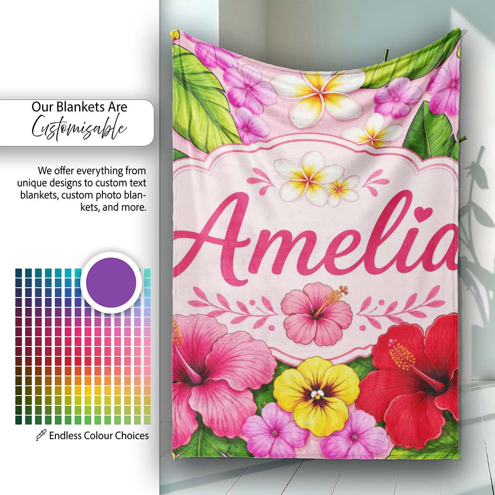Tropical Hibiscus Flowers Pink Background Plumeria Leaves Seamless Personalised Custom Name Super Soft Fleece Blanket Bed Sofa Throw