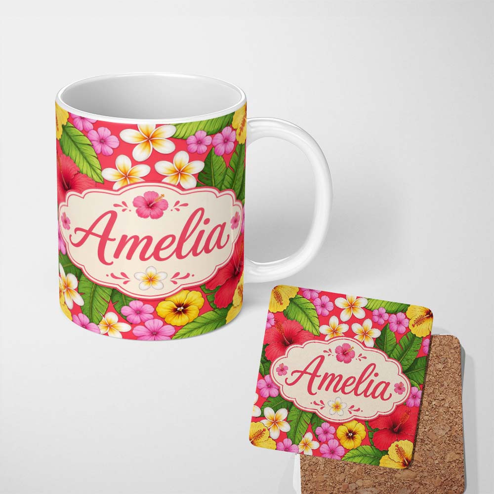Personalized Custom Name Tropical Hibiscus Flowers Red Background Plumeria Leaves Seamless 11oz Ceramic Coffee Tea Mug White Large Handle