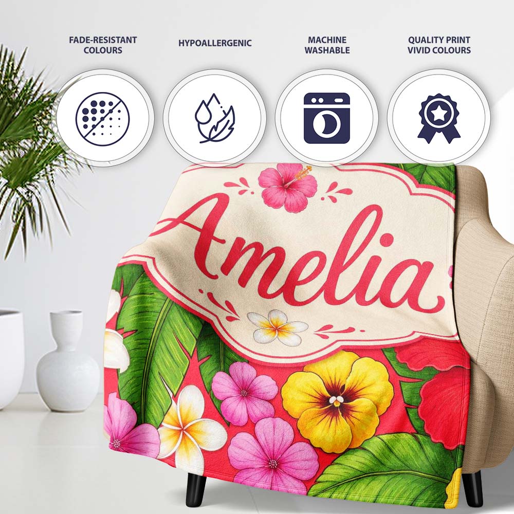 Tropical Hibiscus Flowers Red Background Plumeria Leaves Seamless Personalised Custom Name Super Soft Fleece Blanket Bed Sofa Throw
