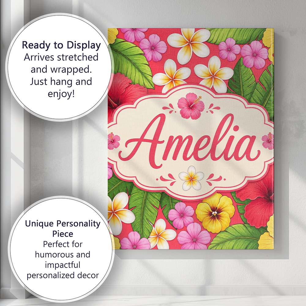 Personalised Name Tropical Hibiscus Flowers Custom Bespoke Interior Contemporary Canvas Wall Art Print Decor Picture Ready to Hang