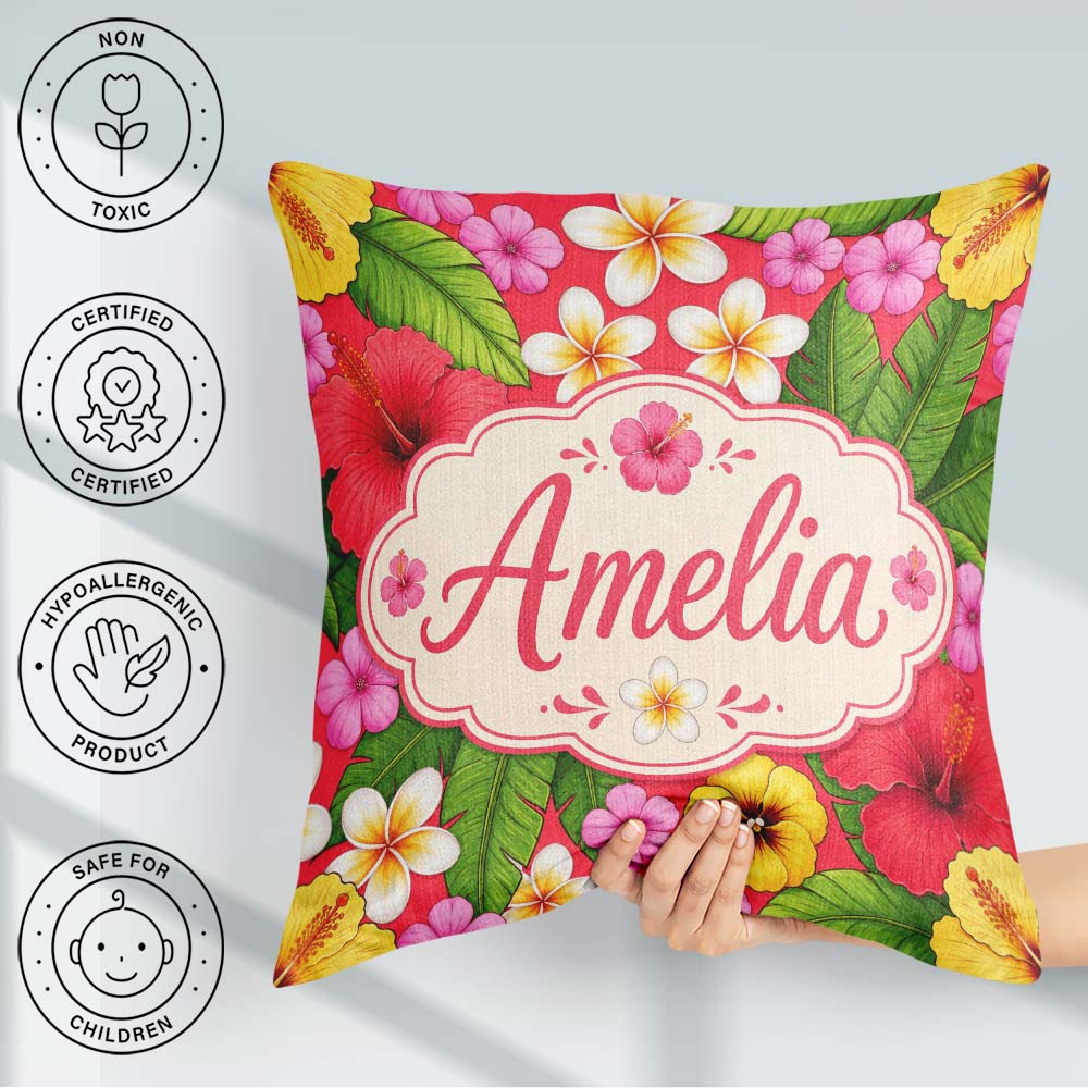 Custom Name Tropical Hibiscus Flowers Background Plumeria Leaves Square Filled Cushion Throw Pillow Sofa Bed Home Decor Zip Washable UK Made