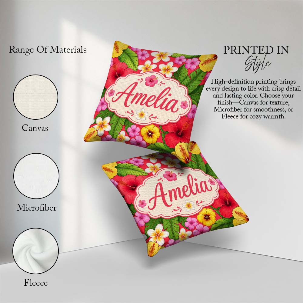 Custom Name Tropical Hibiscus Flowers Background Plumeria Leaves Square Filled Cushion Throw Pillow Sofa Bed Home Decor Zip Washable UK Made