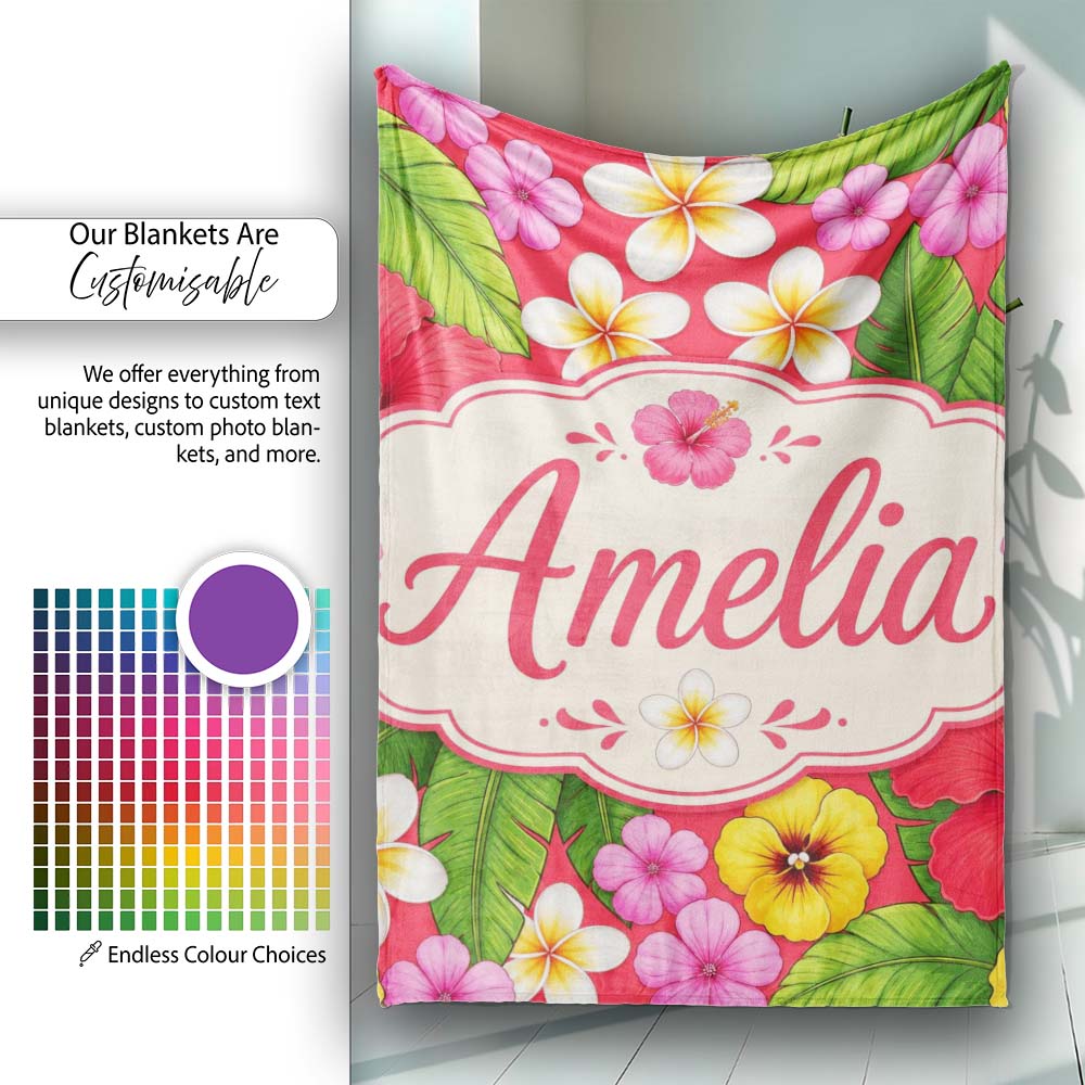 Tropical Hibiscus Flowers Red Background Plumeria Leaves Seamless Personalised Custom Name Super Soft Fleece Blanket Bed Sofa Throw
