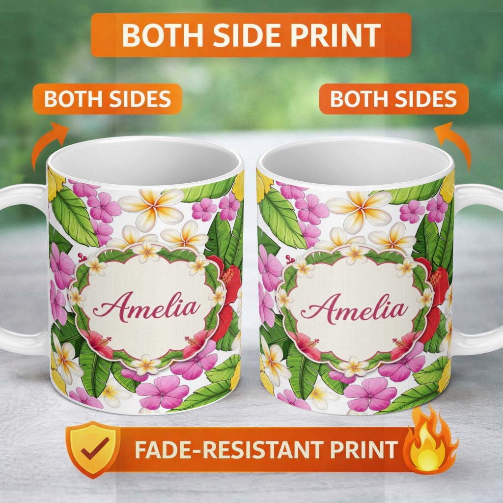 Personalized Custom Name Tropical Hibiscus Flowers White Background Plumeria Leaves Seamless 11oz Ceramic Coffee Tea Mug White Large Handle