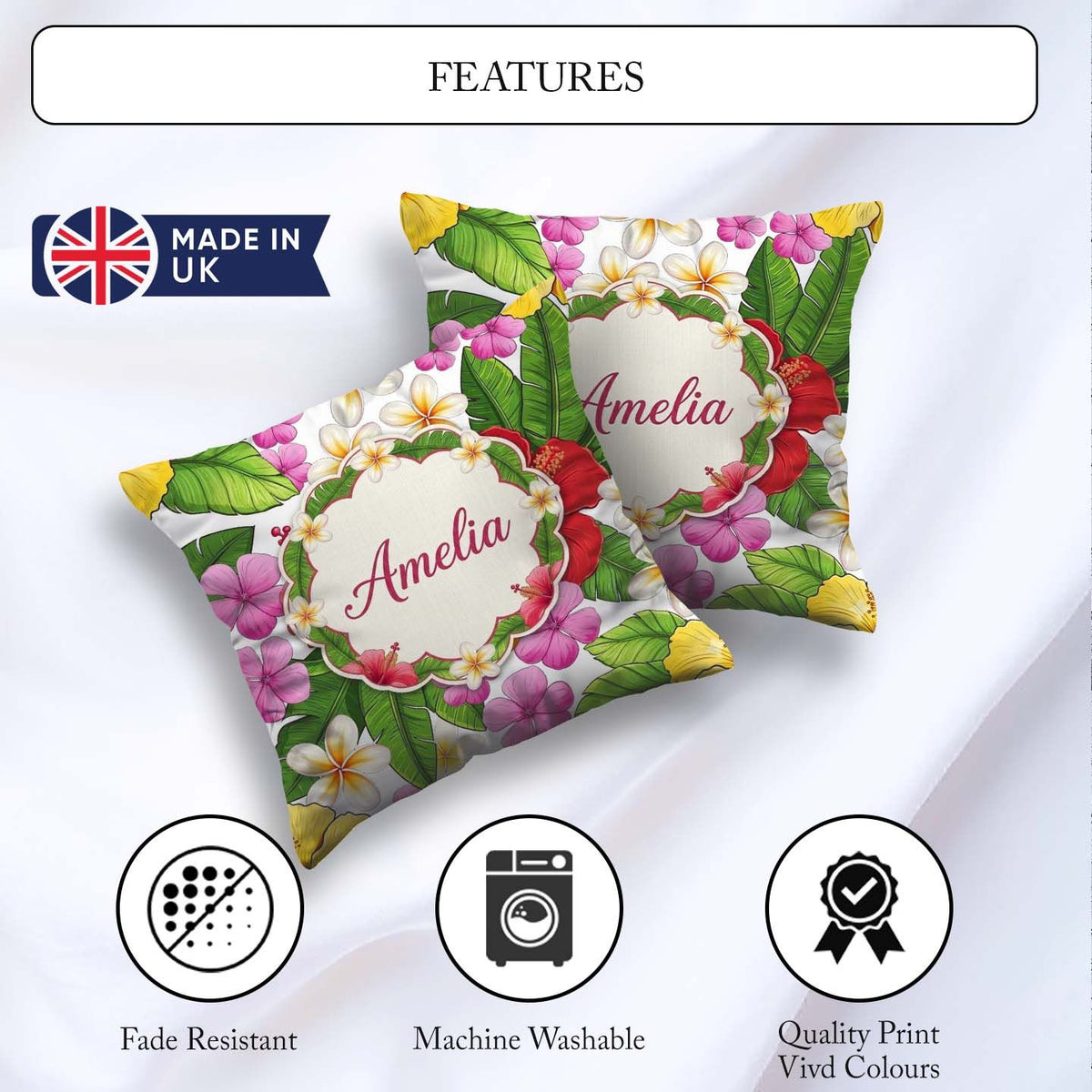 Custom Name Tropical Hibiscus Flowers Background Plumeria Leaves Square Filled Cushion Throw Pillow Sofa Bed Home Decor Zip Washable UK Made