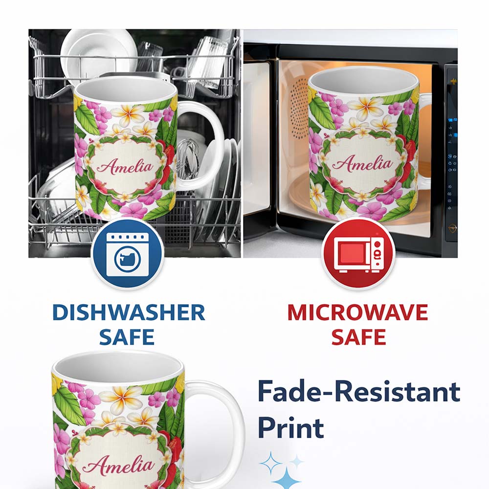 Personalized Custom Name Tropical Hibiscus Flowers White Background Plumeria Leaves Seamless 11oz Ceramic Coffee Tea Mug White Large Handle