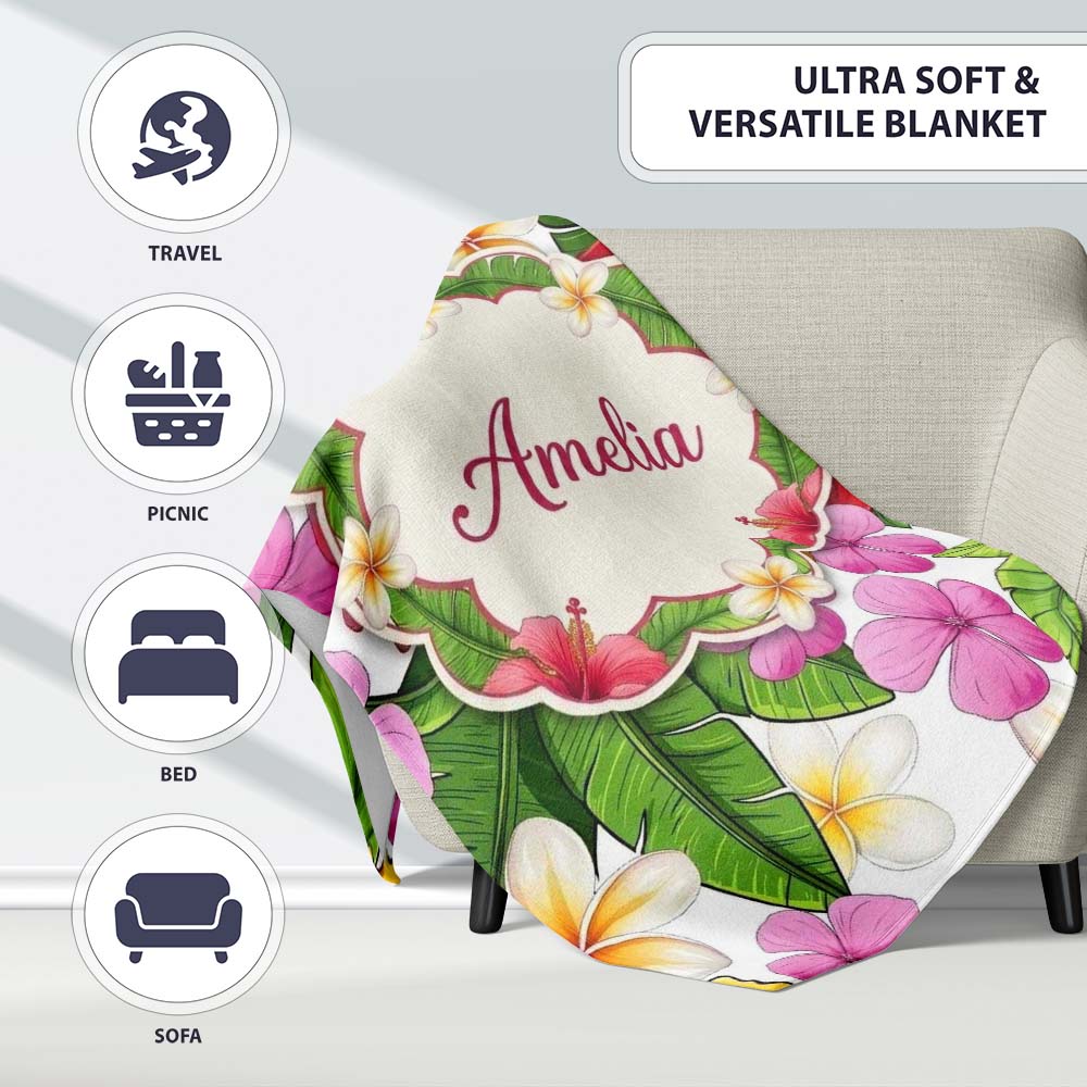 Tropical Hibiscus Flowers White Background Plumeria Leaves Seamless Personalised Custom Name Super Soft Fleece Blanket Bed Sofa Throw