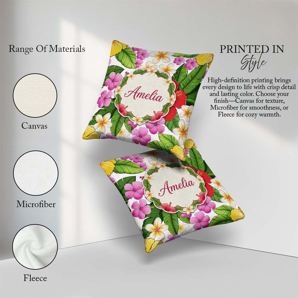 Custom Name Tropical Hibiscus Flowers Background Plumeria Leaves Square Filled Cushion Throw Pillow Sofa Bed Home Decor Zip Washable UK Made