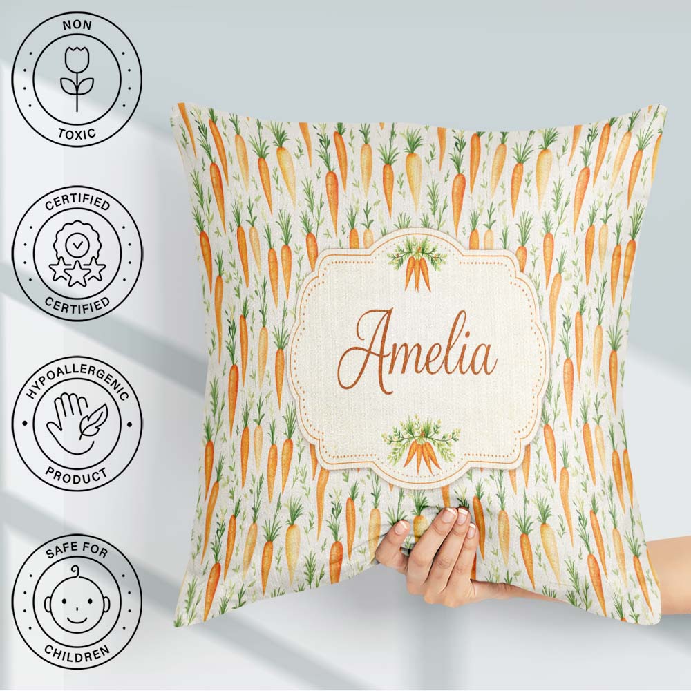 Custom Name Soft Carrot Scatter Fresh Vegetable Seamless Pattern Square Filled Cushion Throw Pillow Sofa Bed Home Decor Zip Washable UK Made