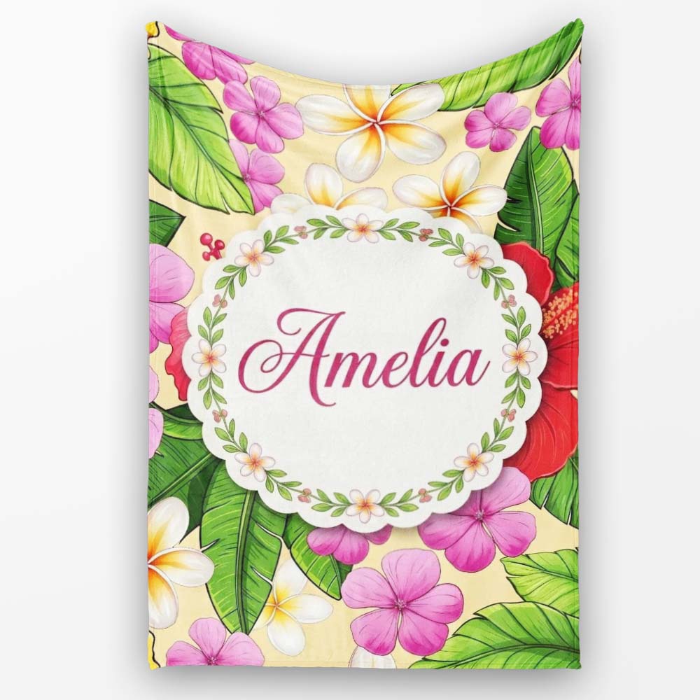 Tropical Hibiscus Flowers Cream Background Plumeria Leaves Seamless Personalised Custom Name Super Soft Fleece Blanket Bed Sofa Throw