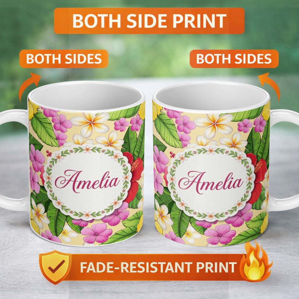 Personalized Custom Name Tropical Hibiscus Flowers Cream Background Plumeria Leaves Seamless 11oz Ceramic Coffee Tea Mug White Large Handle