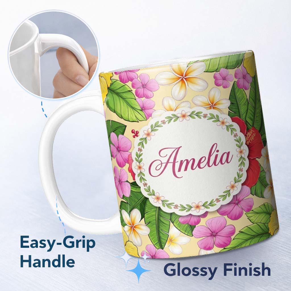 Personalized Custom Name Tropical Hibiscus Flowers Cream Background Plumeria Leaves Seamless 11oz Ceramic Coffee Tea Mug White Large Handle