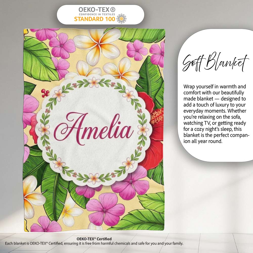 Tropical Hibiscus Flowers Cream Background Plumeria Leaves Seamless Personalised Custom Name Super Soft Fleece Blanket Bed Sofa Throw
