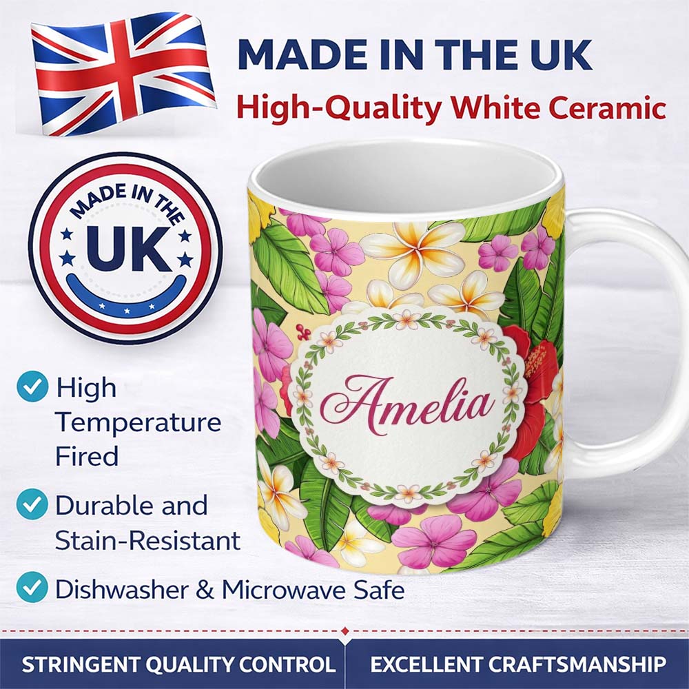Personalized Custom Name Tropical Hibiscus Flowers Cream Background Plumeria Leaves Seamless 11oz Ceramic Coffee Tea Mug White Large Handle