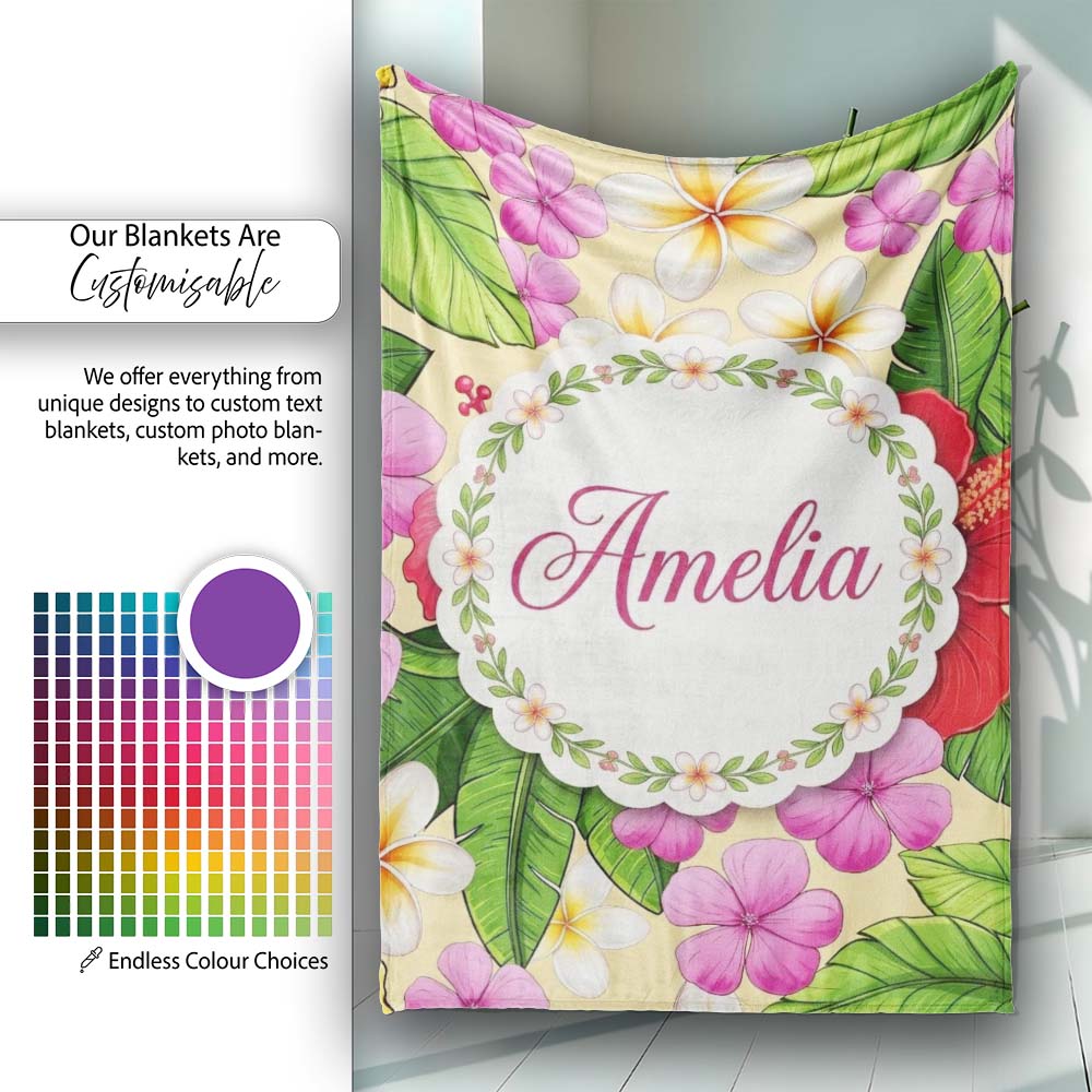 Tropical Hibiscus Flowers Cream Background Plumeria Leaves Seamless Personalised Custom Name Super Soft Fleece Blanket Bed Sofa Throw