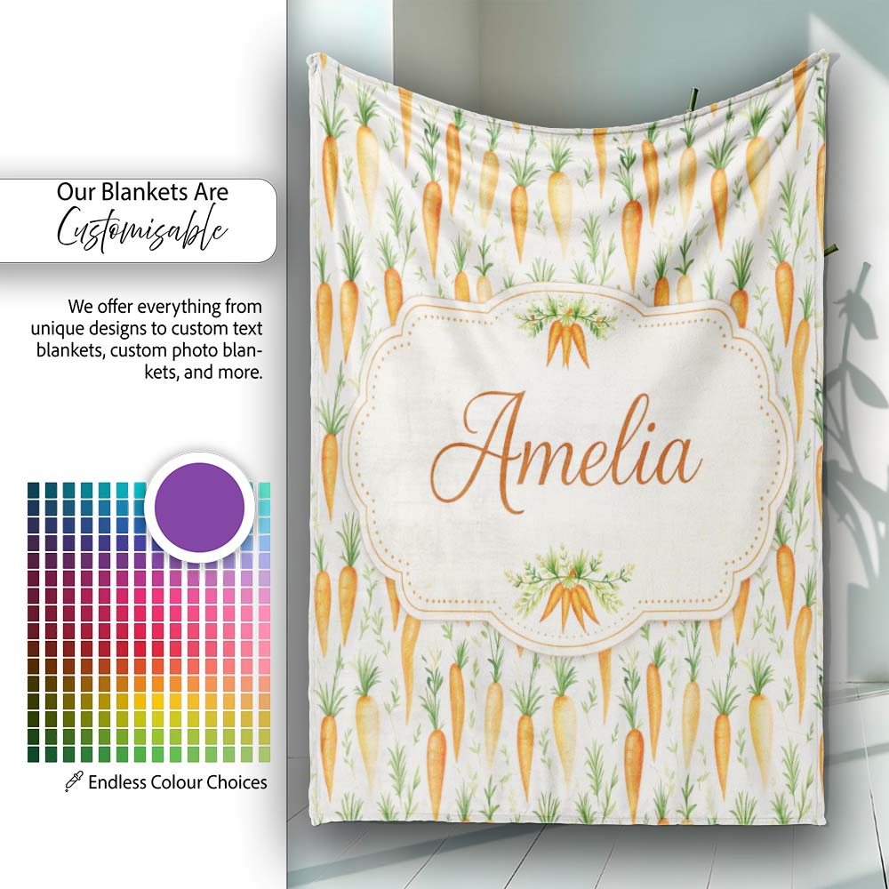 Soft Watercolor Carrot Scatter Fresh Vegetable Seamless Pattern Personalised Custom Name Super Soft Fleece Blanket Bed Sofa Throw