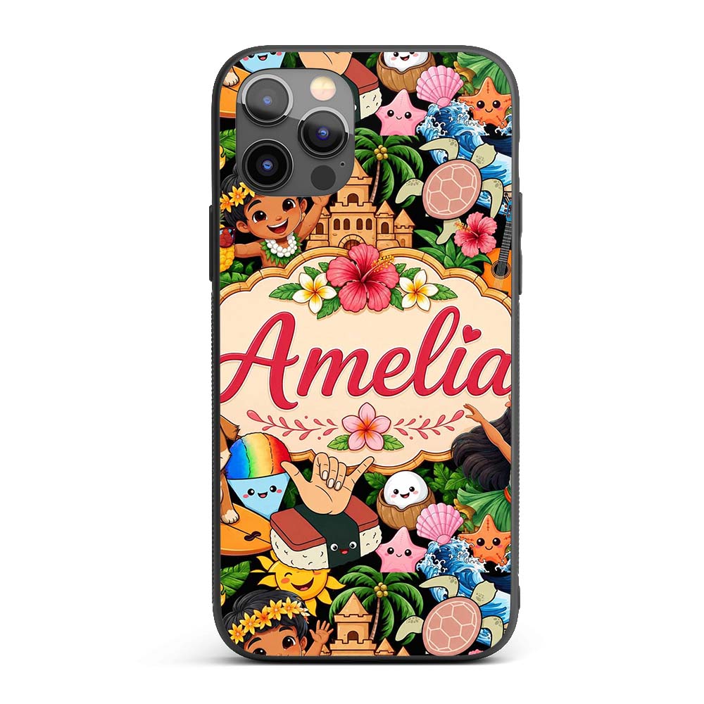 Cute Hawaiian Kids Tiki Beach Summer Cartoon Custom Name Protective Phone Case Mobile Cover Durable Everyday Smartphone Shock Resistant