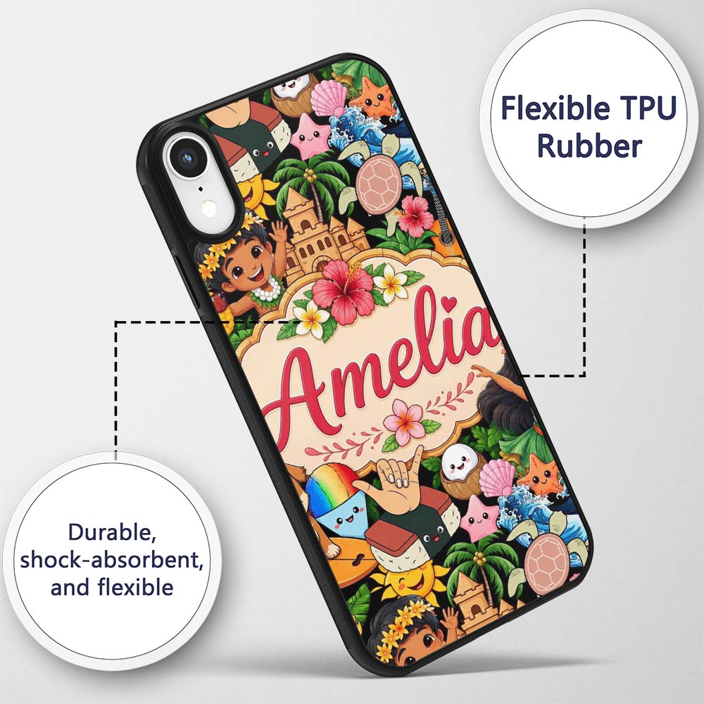 Cute Hawaiian Kids Tiki Beach Summer Cartoon Custom Name Protective Phone Case Mobile Cover Durable Everyday Smartphone Shock Resistant