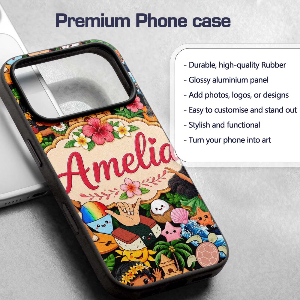 Cute Hawaiian Kids Tiki Beach Summer Cartoon Custom Name Protective Phone Case Mobile Cover Durable Everyday Smartphone Shock Resistant