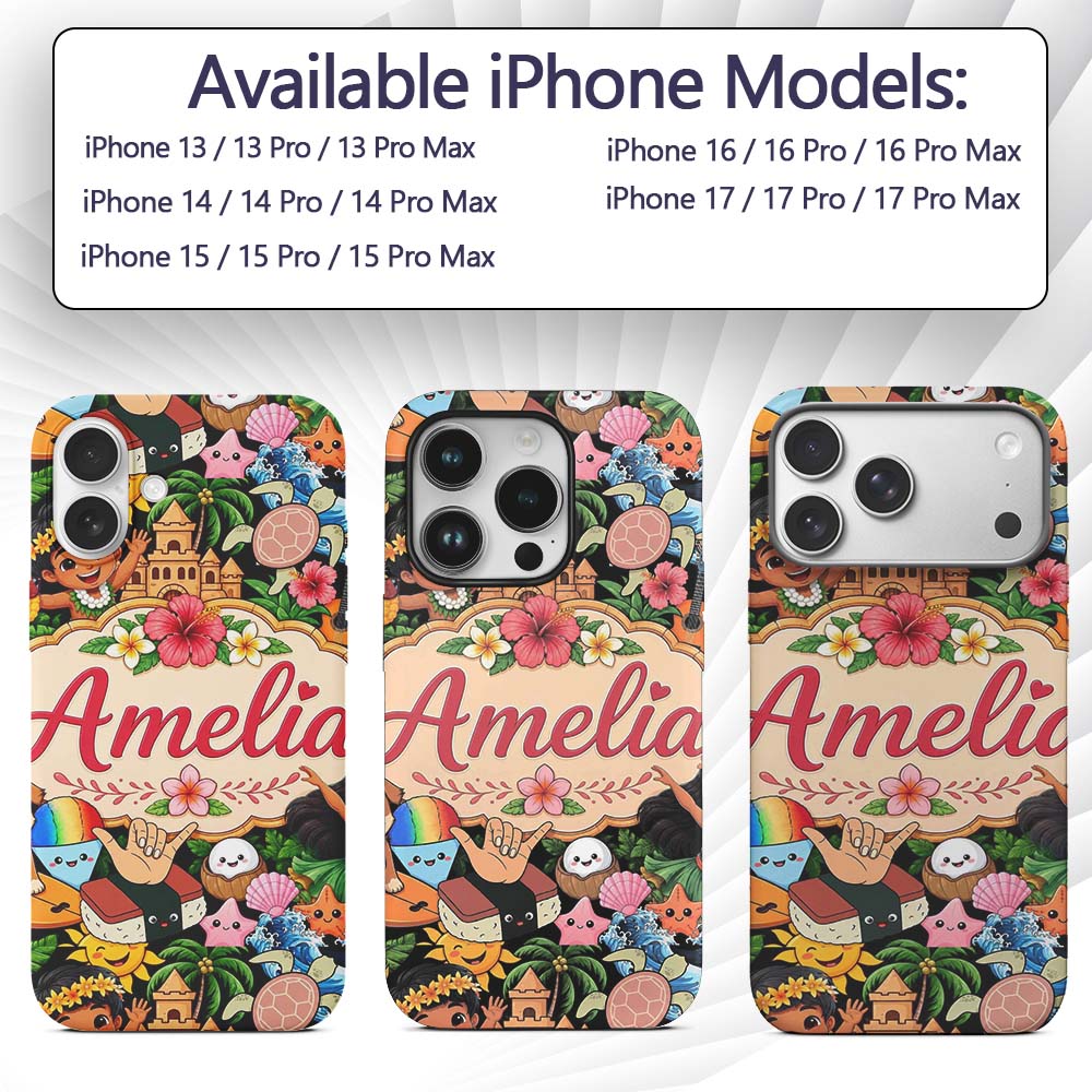 Cute Hawaiian Kids Tiki Beach Summer Cartoon Custom Name Protective Phone Case Mobile Cover Durable Everyday Smartphone Shock Resistant
