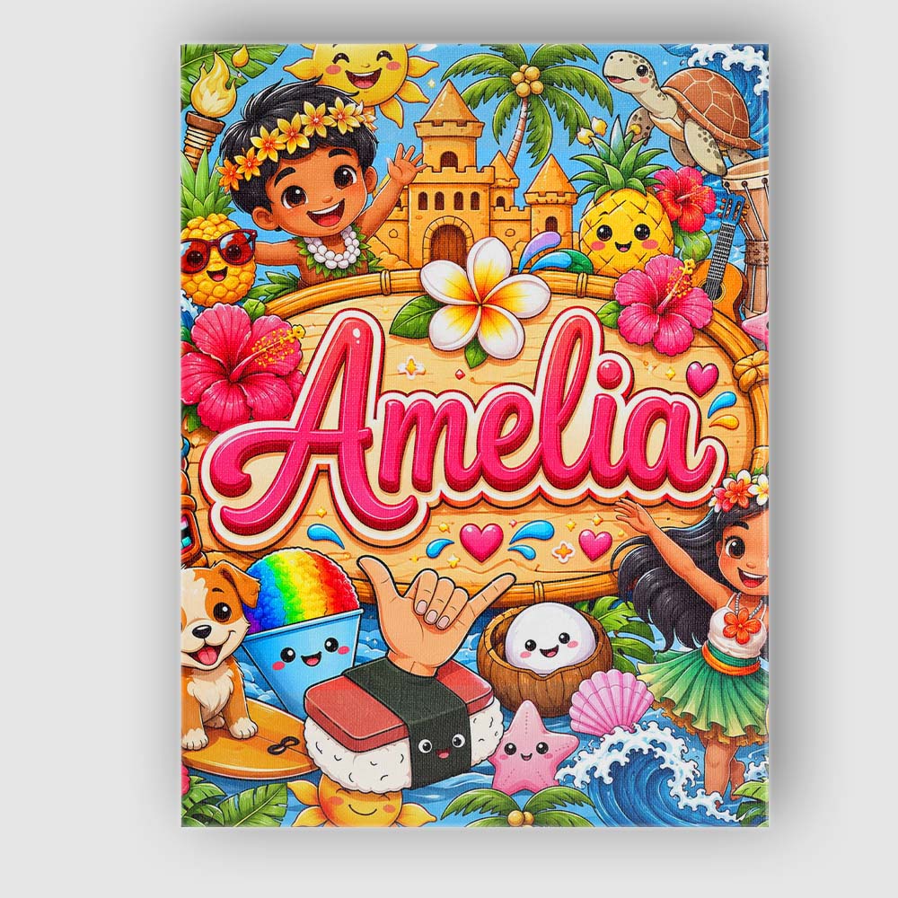 Personalised Name Cute Hawaiian Kids Blue Custom Unique Gift Idea Elegant Feature Canvas Wall Art Print Decor Picture Ready to Hang