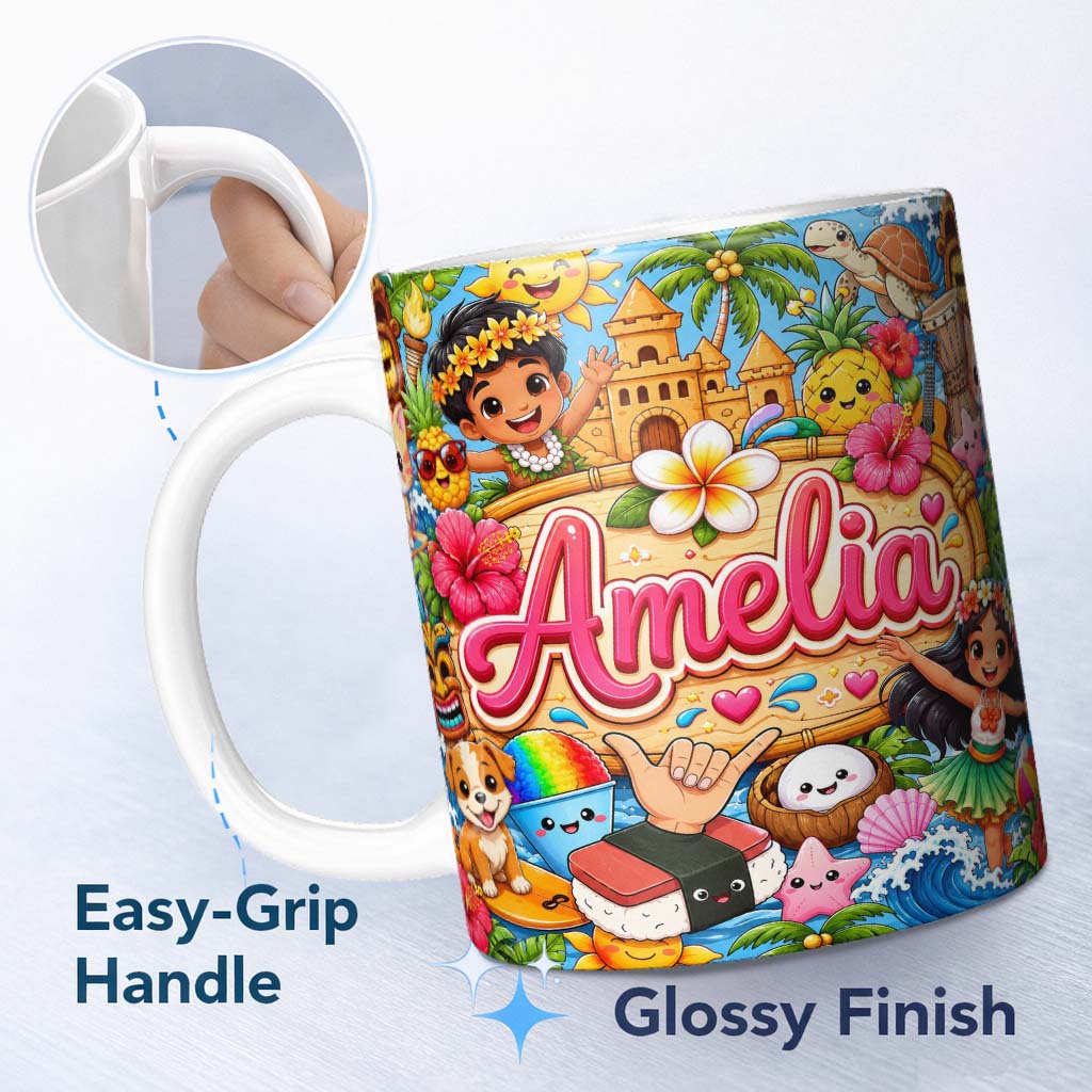Personalized Custom Name Cute Hawaiian Kids Blue Background Tiki Beach Summer Cartoon 11oz Ceramic Coffee Tea Mug White Large Handle