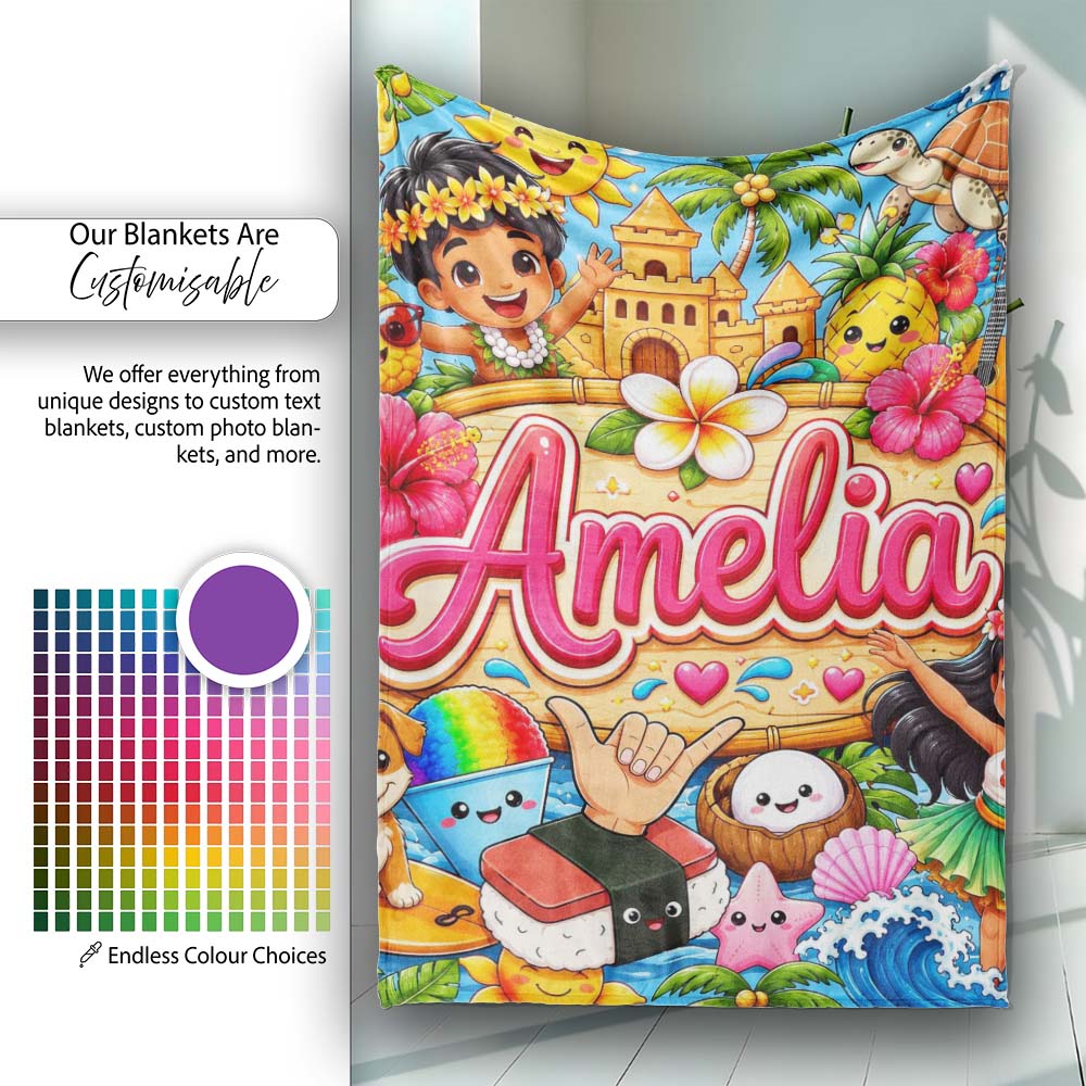 Cute Hawaiian Kids Blue Background Tiki Beach Summer Cartoon Personalised Custom Name Super Soft Fleece Blanket Bed Sofa Throw