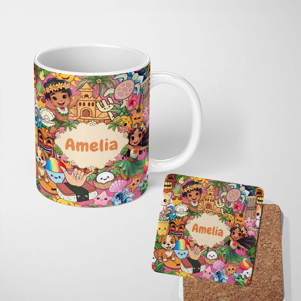 Personalized Custom Name Cute Hawaiian Kids Pink Background Tiki Beach Summer Cartoon 11oz Ceramic Coffee Tea Mug White Large Handle