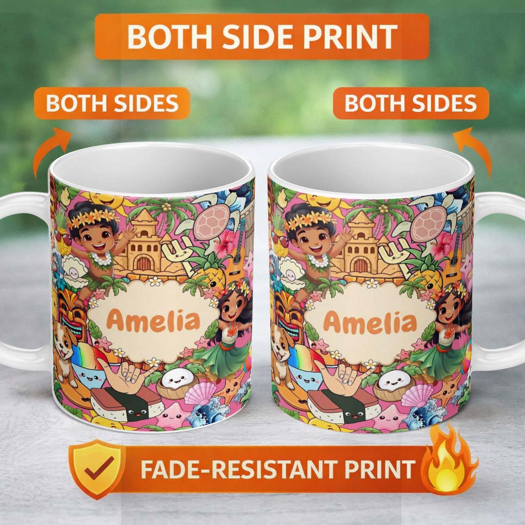 Personalized Custom Name Cute Hawaiian Kids Pink Background Tiki Beach Summer Cartoon 11oz Ceramic Coffee Tea Mug White Large Handle