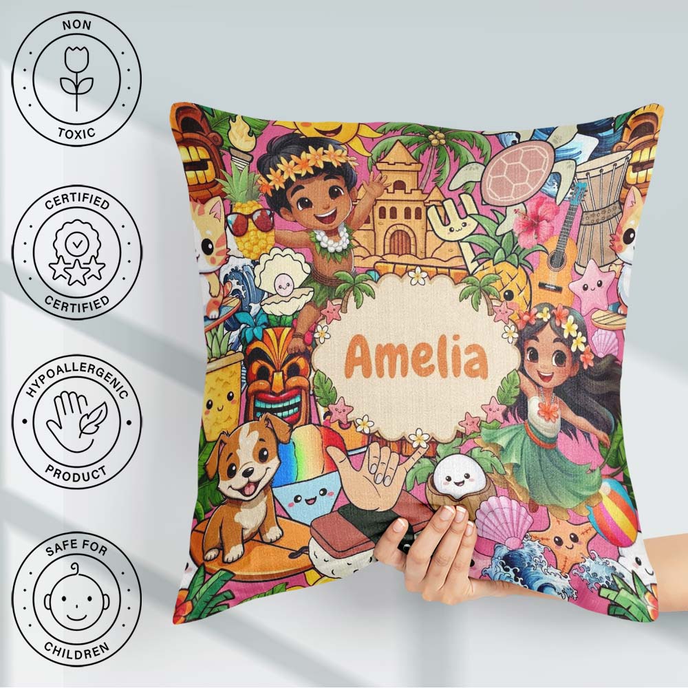 Custom Name Cute Hawaiian Kids Pink Background Tiki Beach Summer Square Filled Cushion Throw Pillow Sofa Bed Home Decor Zip Washable UK Made