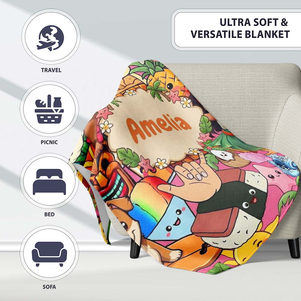 Cute Hawaiian Kids Pink Background Tiki Beach Summer Cartoon Personalised Custom Name Super Soft Fleece Blanket Bed Sofa Throw