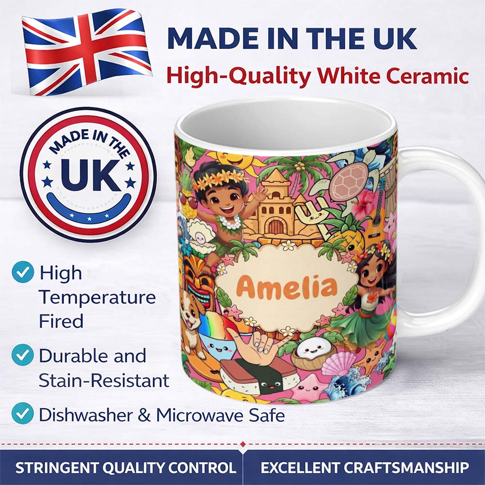 Personalized Custom Name Cute Hawaiian Kids Pink Background Tiki Beach Summer Cartoon 11oz Ceramic Coffee Tea Mug White Large Handle