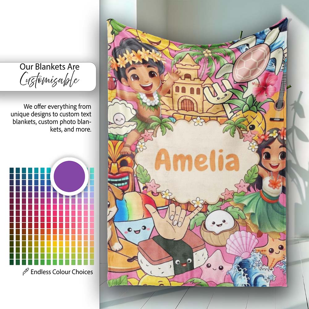 Cute Hawaiian Kids Pink Background Tiki Beach Summer Cartoon Personalised Custom Name Super Soft Fleece Blanket Bed Sofa Throw