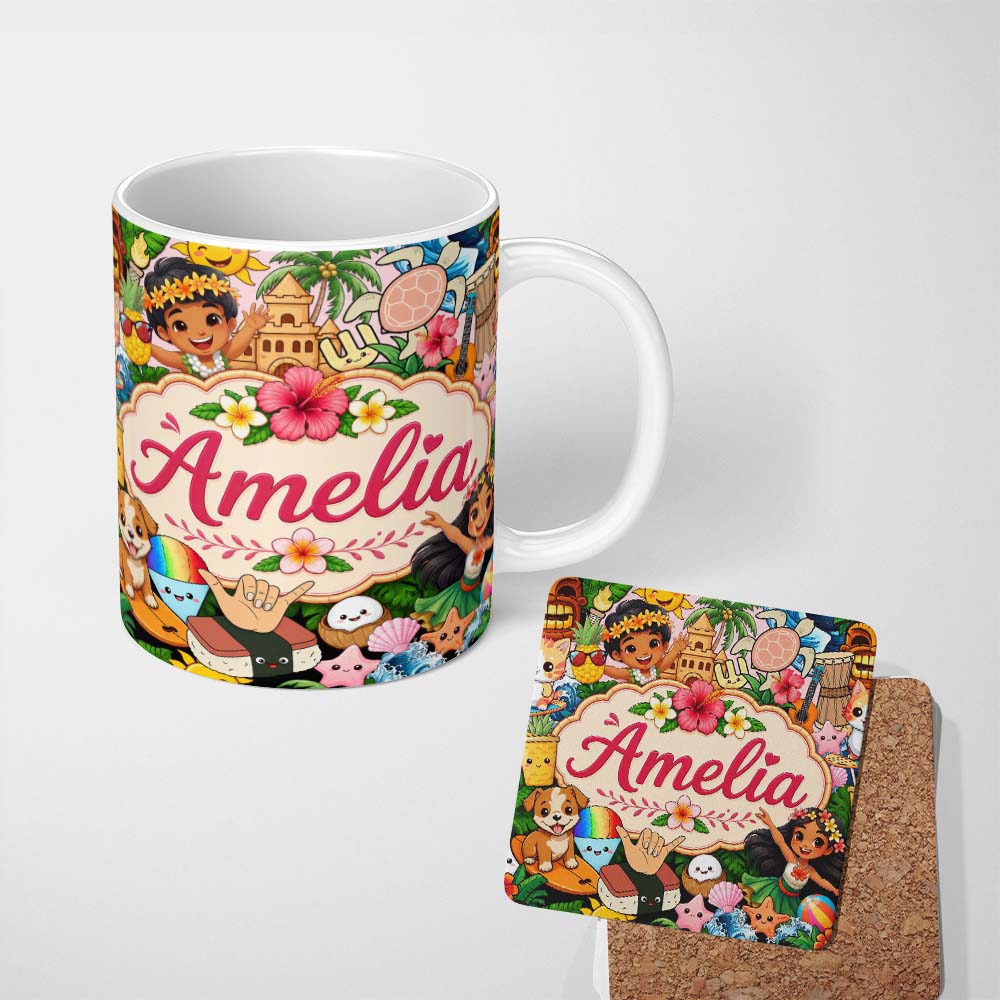 Personalized Custom Name Cute Hawaiian Kids Beige Background Tiki Beach Summer Cartoon 11oz Ceramic Coffee Tea Mug White Large Handle