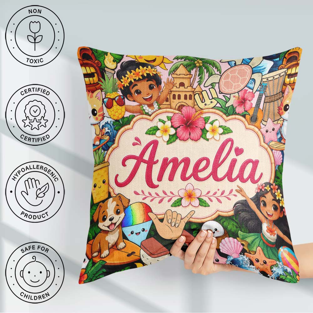 Custom Name Cute Kids Beige Background Tiki Beach Summer Cartoon Square Filled Cushion Throw Pillow Sofa Bed Home Decor Zip Washable UK Made