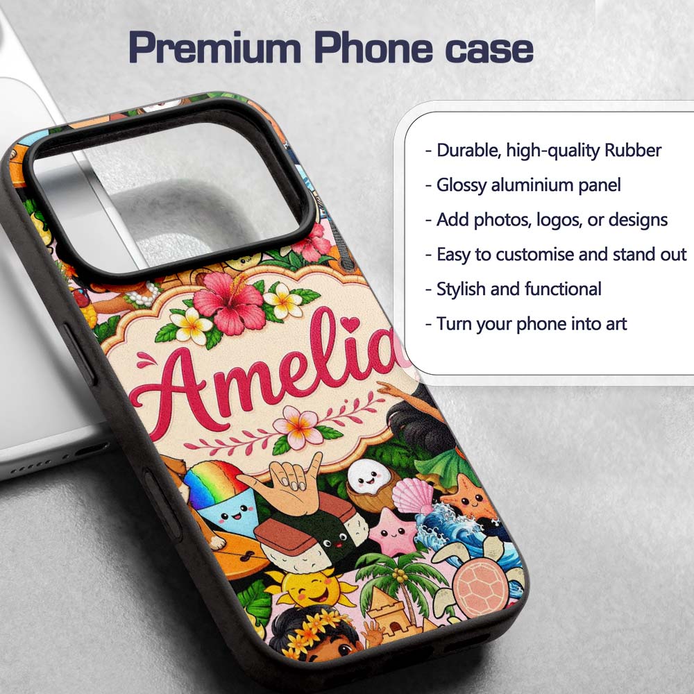 Cute Hawaiian Kids Beige Background Tiki Beach Custom Name Protective Phone Case Mobile Cover Durable Everyday Smartphone Shock Resistant