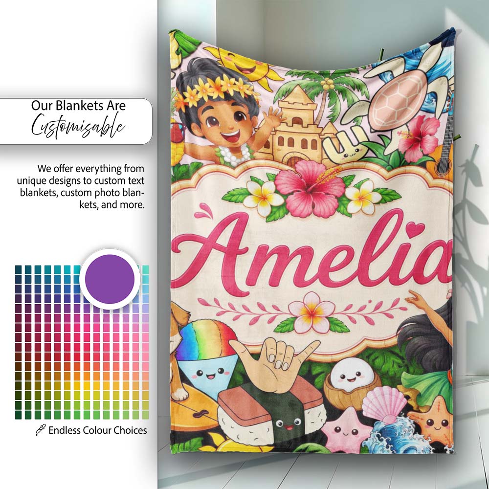 Cute Hawaiian Kids Beige Background Tiki Beach Summer Cartoon Personalised Custom Name Super Soft Fleece Blanket Bed Sofa Throw